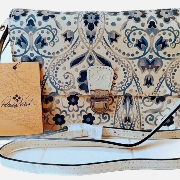 Patricia Nash Lanza ItalianFolklore White Blue Crossbody Leather Crossbody Bag - Picture 1 of 5